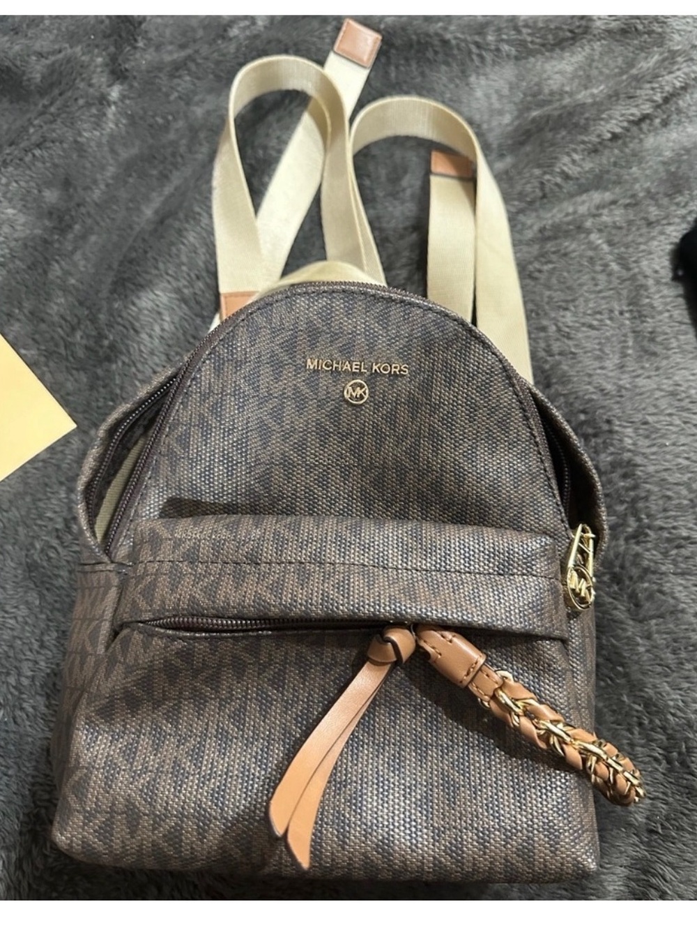 Michael Kors Brown MK Logo Mini Backpack with Tan Accents